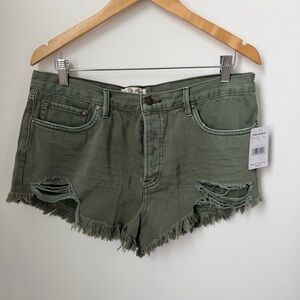 NWT Free People Sage Green Distressed Jean Shorts 31 High Rise Raw Hem Festival
